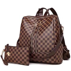 Brand New Elegant Brown Checkered Backpack with Leather Trim and Gold Accents
